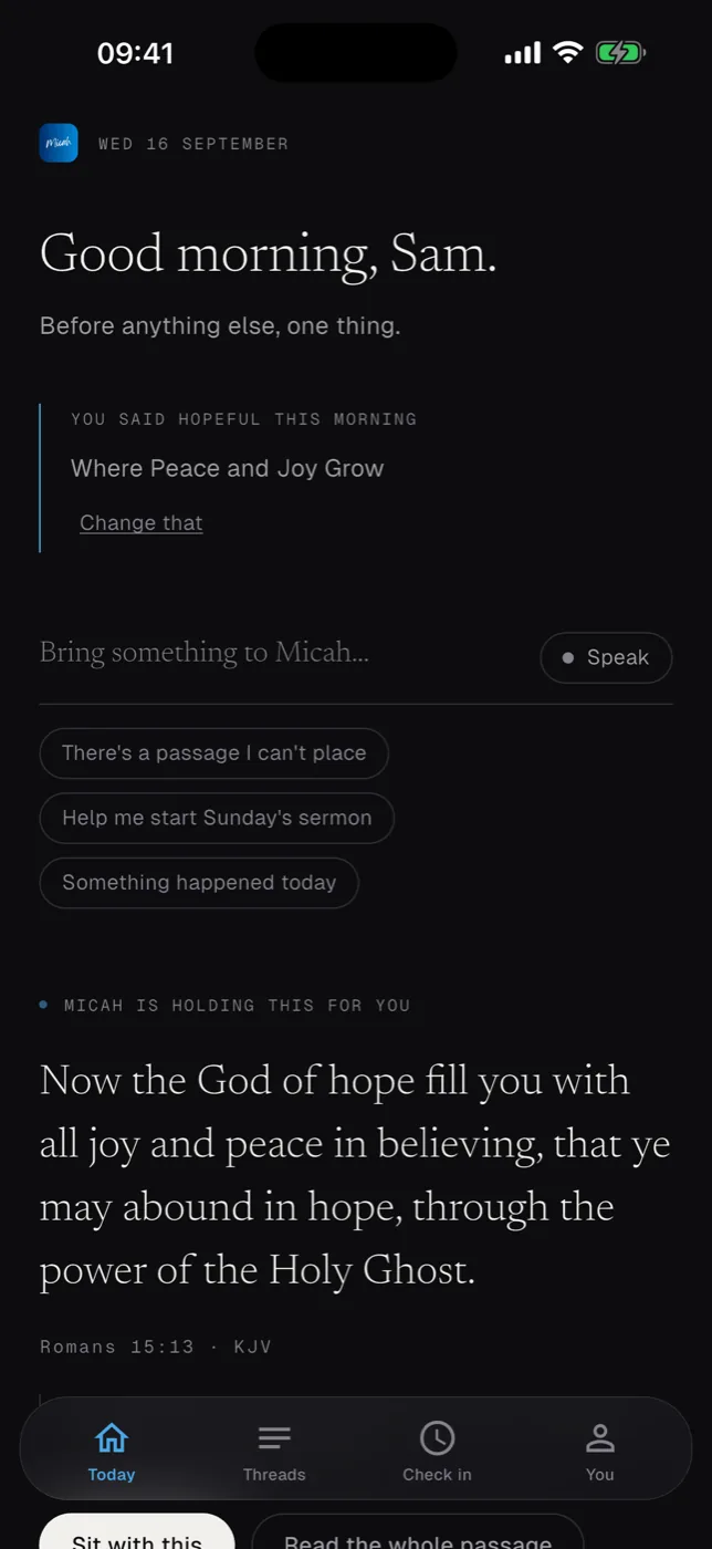 The Today screen, with the morning check-in at the top