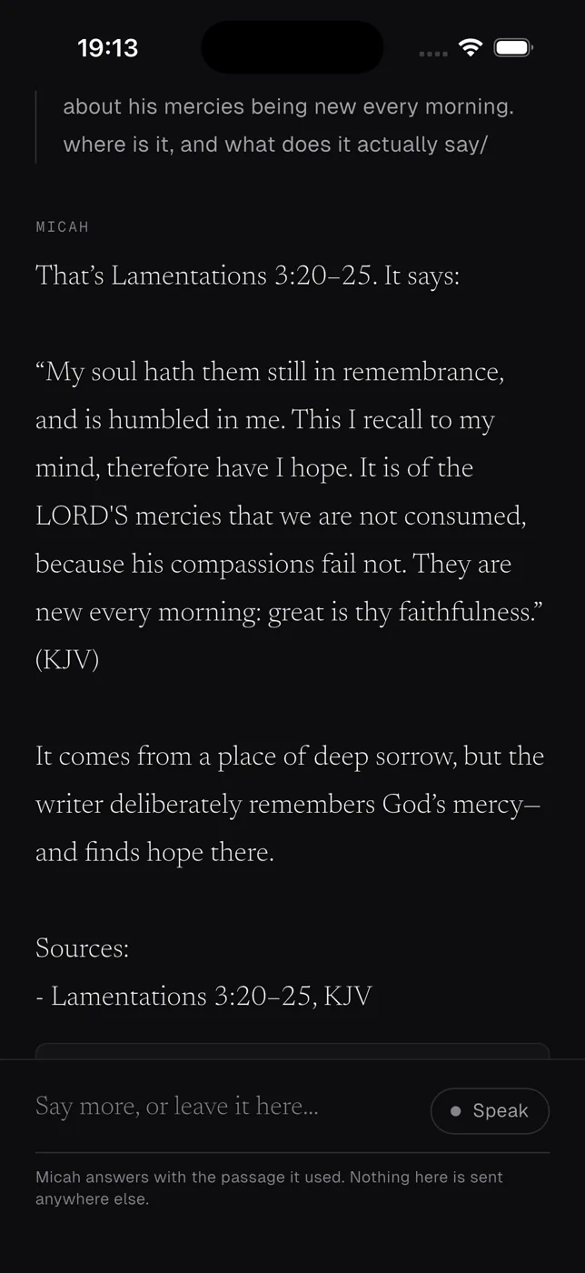 A thread in Micah: a reply that quotes a passage, with its reference shown underneath