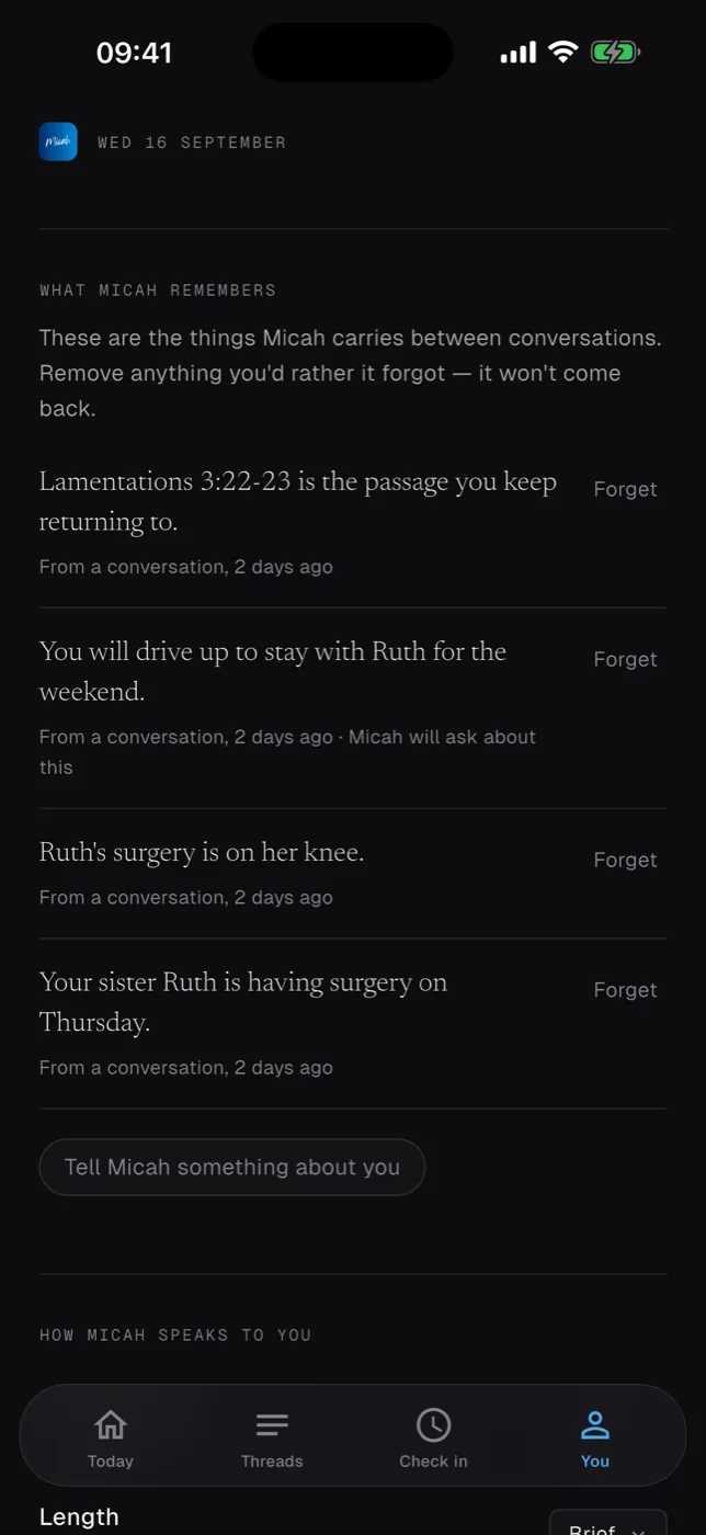 The You screen: the list of what Micah remembers, each line with Forget