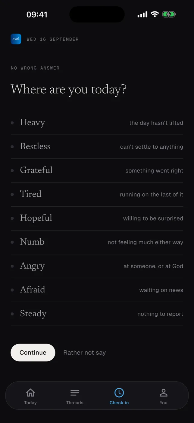 Micah's check-in: 'Where are you today?' with nine moods to choose from